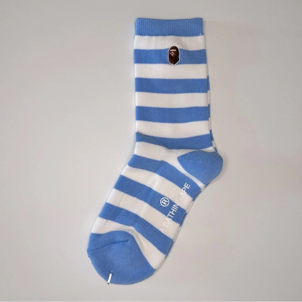 A Bathing Ape New Stripe Crew Socks Medium Azure Blue White